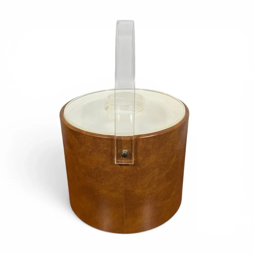 Georges Briard VTG Brown Faux Leather White Lined Ice Bucket Plastic Handle READ